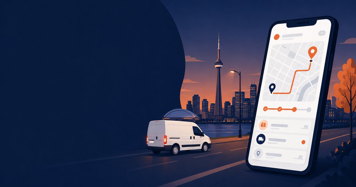 Illustration of a courier van at dusk beside a phone showing a delivery tracking map